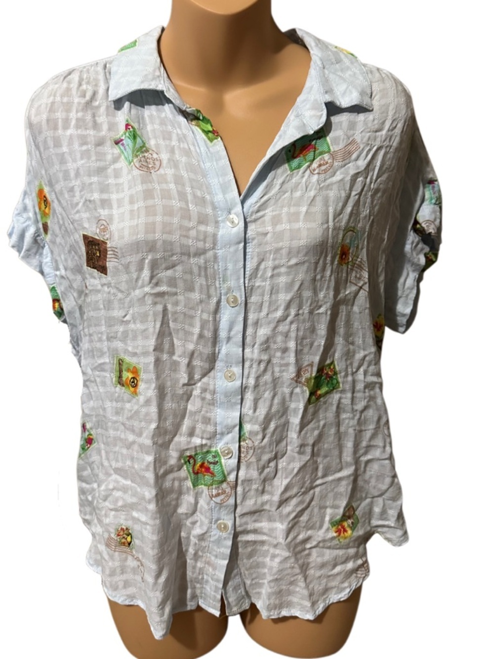 Jane and Delancey World Traveler Postage Stamp Button Down Blouse